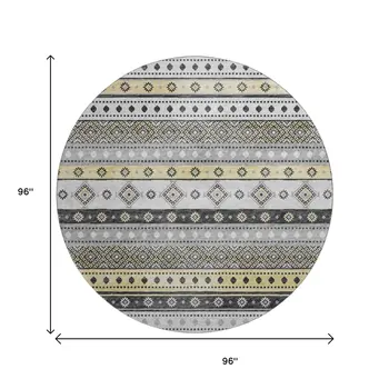 8' Gray Beige And Ivory Tribal Washable Round Rug With UV Protection