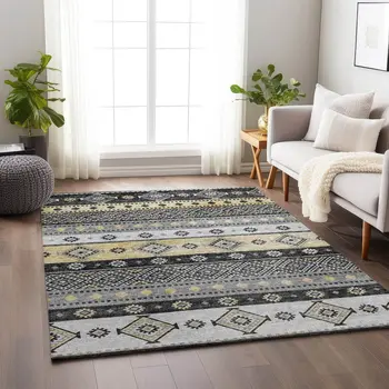 10' X 14' Gray Beige And Ivory Tribal Washable Area Rug With UV Protection