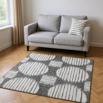 5' X 8' Gray And Charcoal Geometric Washable Area Rug With UV Protection