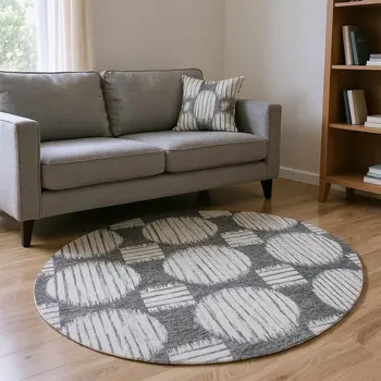 8' Gray And Charcoal Geometric Washable Round Rug With UV Protection