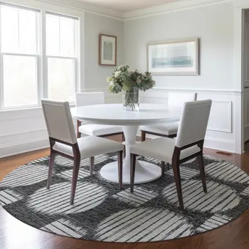 8' Gray And Charcoal Geometric Washable Round Rug With UV Protection