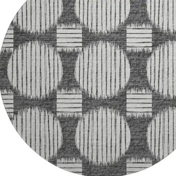 8' Gray And Charcoal Geometric Washable Round Rug With UV Protection