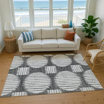 9' X 12' Gray And Charcoal Geometric Washable Area Rug With UV Protection