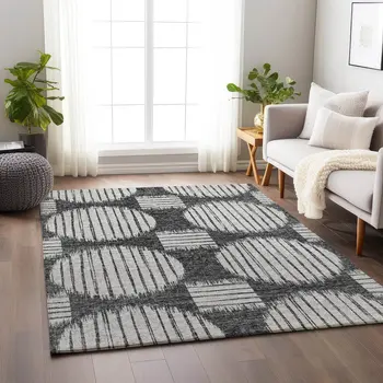 9' X 12' Gray And Charcoal Geometric Washable Area Rug With UV Protection