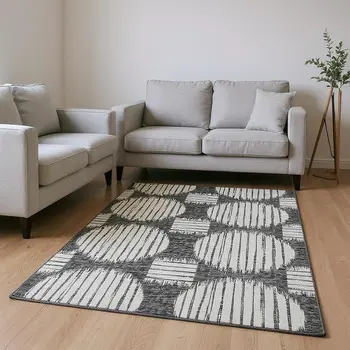 9' X 12' Gray And Charcoal Geometric Washable Area Rug With UV Protection