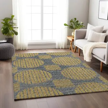 9' X 12' Gold And Gray Geometric Washable Area Rug With UV Protection