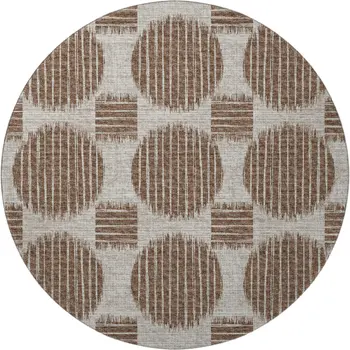 8' Brown And Ivory Geometric Washable Round Rug With UV Protection