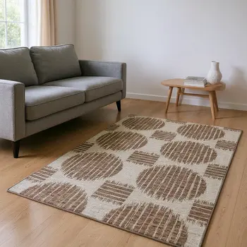 10' X 14' Brown And Ivory Geometric Washable Area Rug With UV Protection