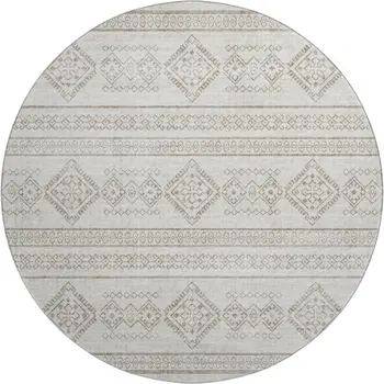 8' Taupe And Ivory Tribal Washable Round Rug With UV Protection