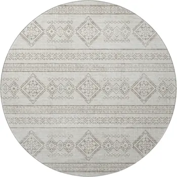 8' Taupe And Ivory Tribal Washable Round Rug With UV Protection