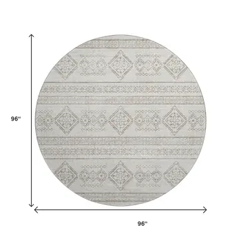 8' Taupe And Ivory Tribal Washable Round Rug With UV Protection
