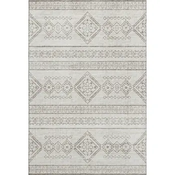 9' X 12' Taupe And Ivory Tribal Washable Area Rug With UV Protection