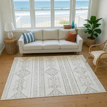 10' X 14' Taupe And Ivory Tribal Washable Area Rug With UV Protection