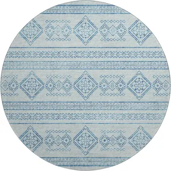 8' Blue And Ivory Tribal Washable Round Rug With UV Protection