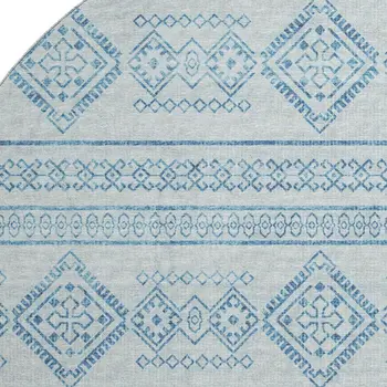 8' Blue And Ivory Tribal Washable Round Rug With UV Protection