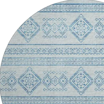 8' Blue And Ivory Tribal Washable Round Rug With UV Protection