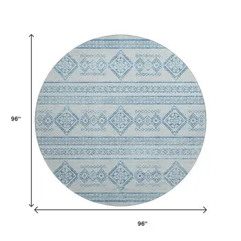 8' Blue And Ivory Tribal Washable Round Rug With UV Protection