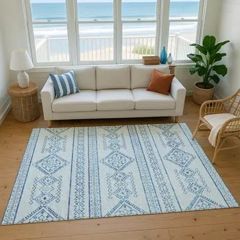 8' X 10' Blue And Ivory Tribal Washable Area Rug With UV Protection