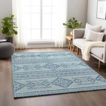 8' X 10' Blue And Ivory Tribal Washable Area Rug With UV Protection