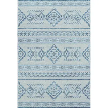 8' X 10' Blue And Ivory Tribal Washable Area Rug With UV Protection