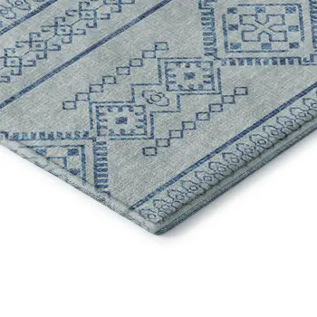 8' X 10' Blue And Ivory Tribal Washable Area Rug With UV Protection