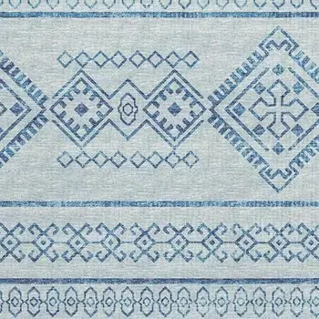 9' X 12' Blue And Ivory Tribal Washable Area Rug With UV Protection