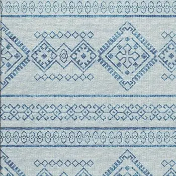 10' X 14' Blue And Ivory Tribal Washable Area Rug With UV Protection