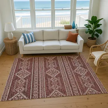5' X 8' Burnt Sienna And Ivory Tribal Washable Area Rug With UV Protection
