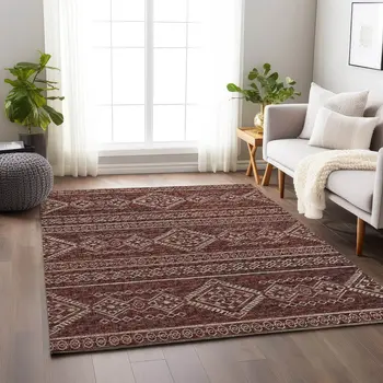 5' X 8' Burnt Sienna And Ivory Tribal Washable Area Rug With UV Protection