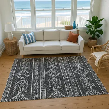 3' X 5' Gray And Ivory Tribal Washable Area Rug With UV Protection