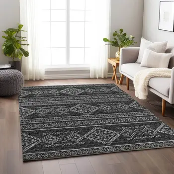 3' X 5' Gray And Ivory Tribal Washable Area Rug With UV Protection