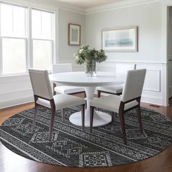 8' Gray And Ivory Tribal Washable Round Rug With UV Protection