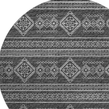 8' Gray And Ivory Tribal Washable Round Rug With UV Protection
