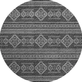 8' Gray And Ivory Tribal Washable Round Rug With UV Protection