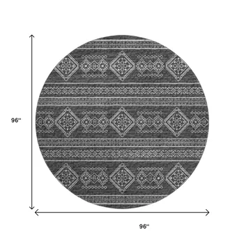 8' Gray And Ivory Tribal Washable Round Rug With UV Protection