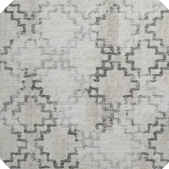 8' Taupe And Ivory Tribal Washable Round Rug With UV Protection