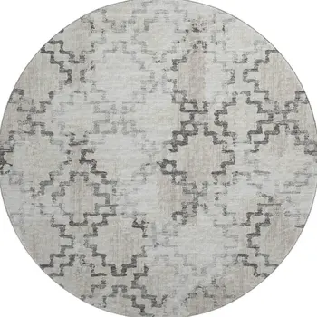 8' Taupe And Ivory Tribal Washable Round Rug With UV Protection