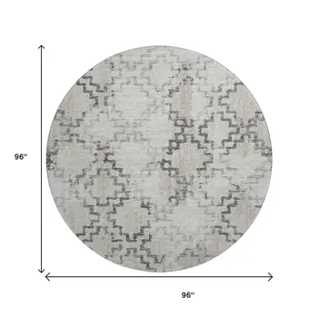 8' Taupe And Ivory Tribal Washable Round Rug With UV Protection