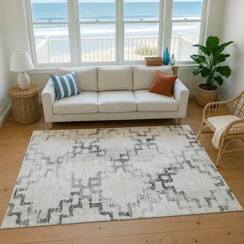 8' X 10' Taupe And Ivory Tribal Washable Area Rug With UV Protection