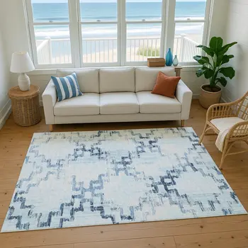 3' X 5' Blue And Light Blue Tribal Washable Area Rug With UV Protection
