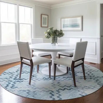 8' Blue And Light Blue Tribal Washable Round Rug With UV Protection