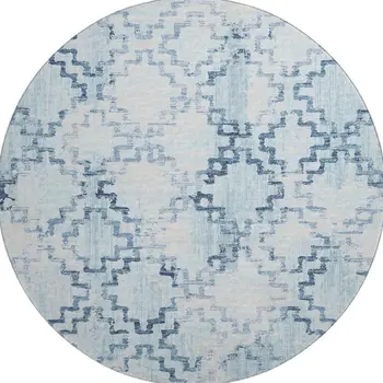 8' Blue And Light Blue Tribal Washable Round Rug With UV Protection