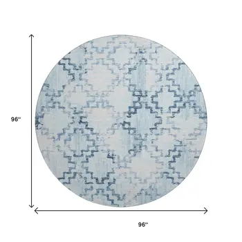 8' Blue And Light Blue Tribal Washable Round Rug With UV Protection