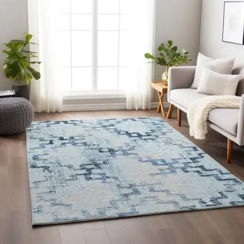 9' X 12' Blue And Light Blue Tribal Washable Area Rug With UV Protection