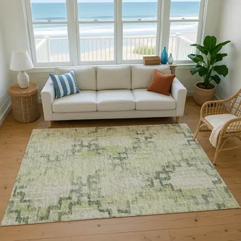 5' X 8' Green And Beige Tribal Washable Area Rug With UV Protection