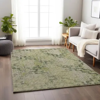 5' X 8' Green And Beige Tribal Washable Area Rug With UV Protection