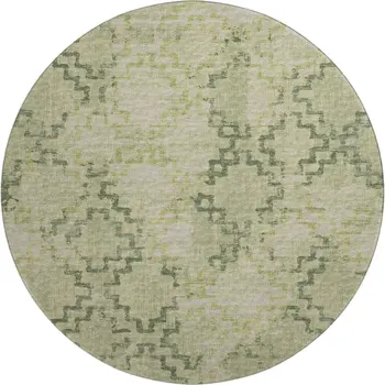 8' Green And Beige Tribal Washable Round Rug With UV Protection