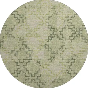 8' Green And Beige Tribal Washable Round Rug With UV Protection