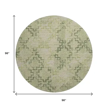 8' Green And Beige Tribal Washable Round Rug With UV Protection