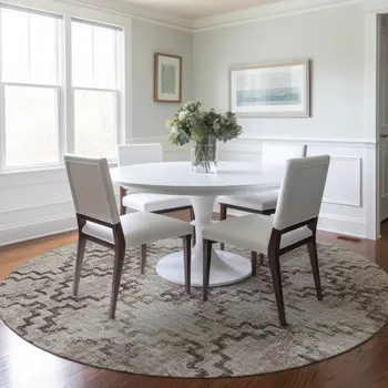 8' Coffee And Ivory Tribal Washable Round Rug With UV Protection